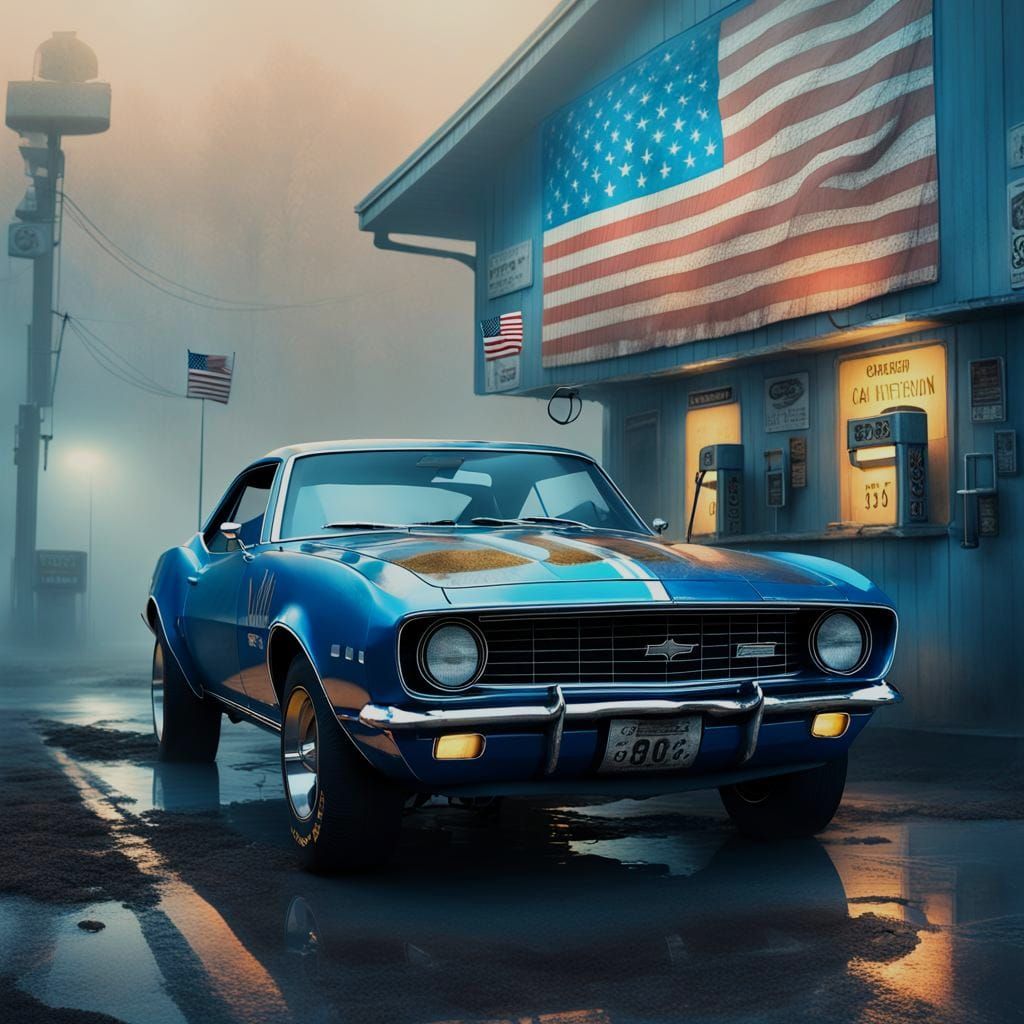 1967 Blue Camaro with American Flag: Matte Painting