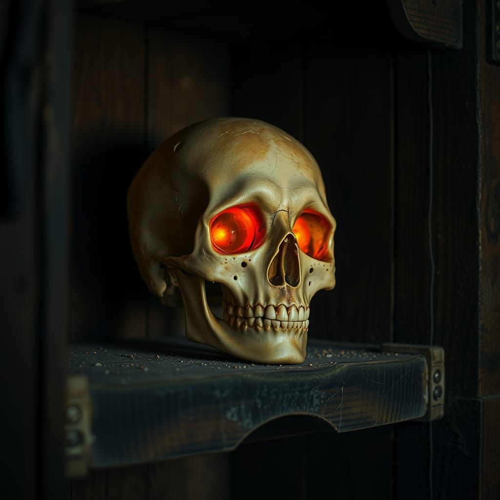 Eerie Skull with Glowing Eyes in Moody Basement
