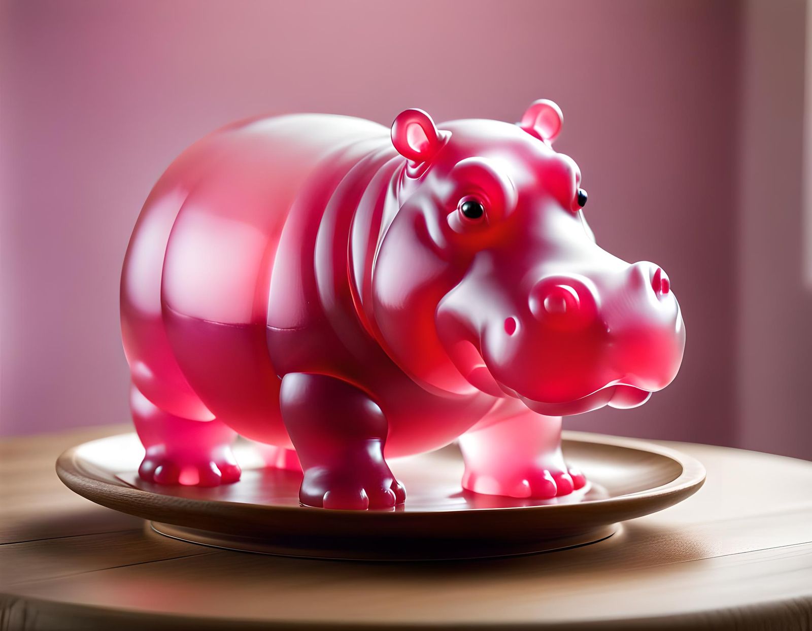 Translucent Pink Jello Hippo Sculpture on Plate