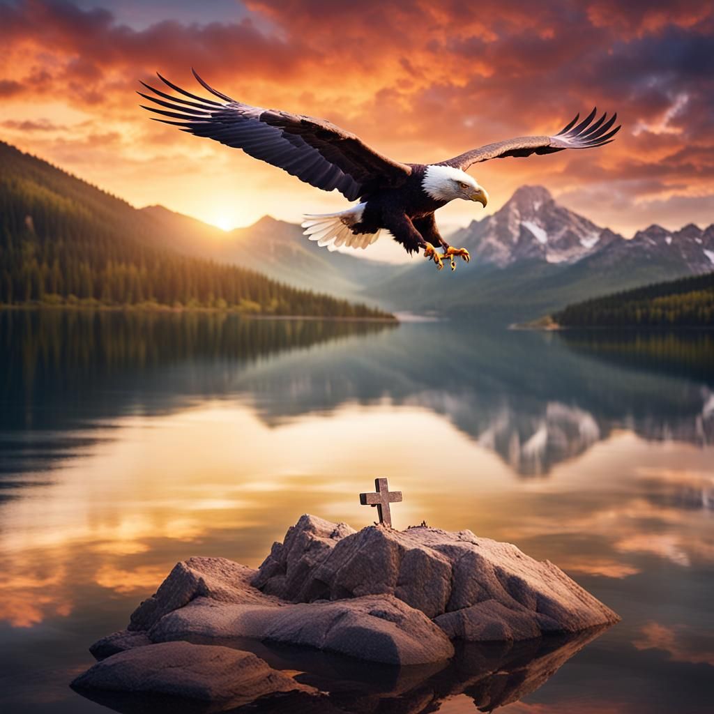 American Eagle with Flag Colors Over Mountain Lake