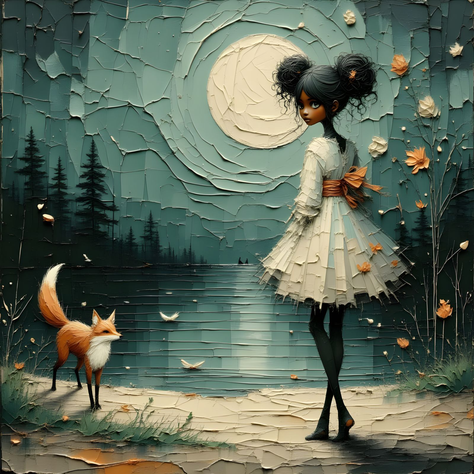 Moonlit Lake: Blasian Woman and Fox in Impasto Style