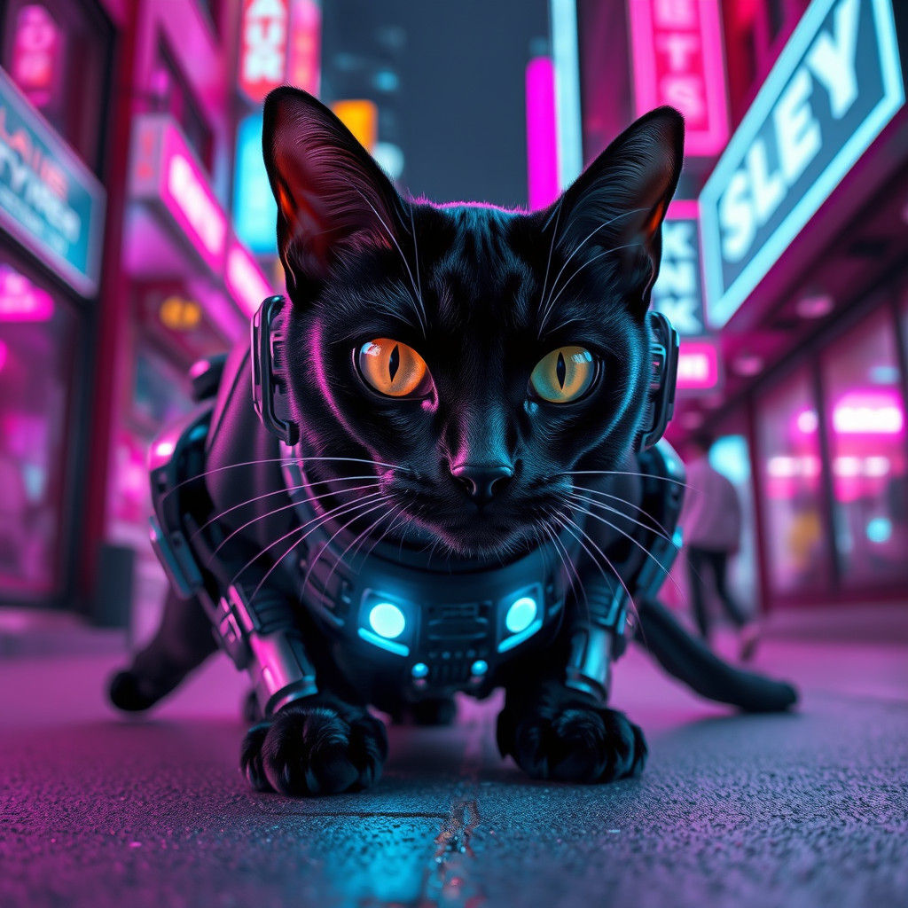 Cyberpunk Cat Roams Neon Cityscape