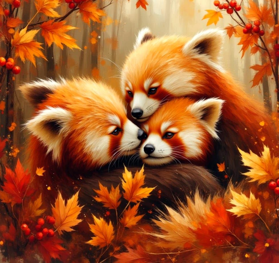 Red Panda Family in Watercolour Oil Painting