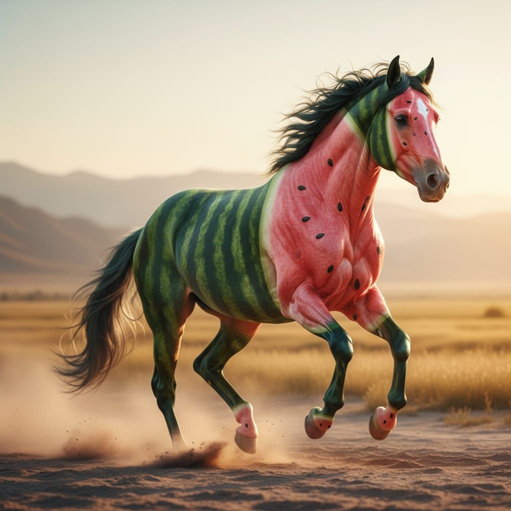 Hyper-Realistic Horse With Watermelon Skin Galloping