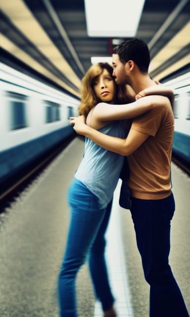 Embrace in Train Station, Oil Painting Style