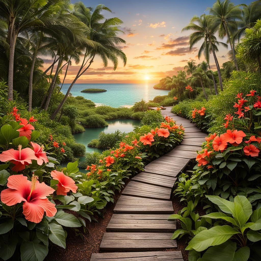 Tropical Lagoon Boardwalk at Sunset