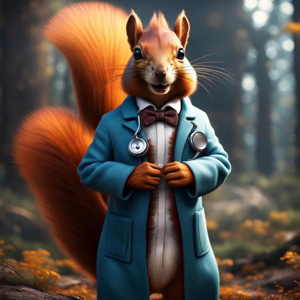 Hyperrealistic Doctor Squirrel Outfit: Detailed Digital Pain...