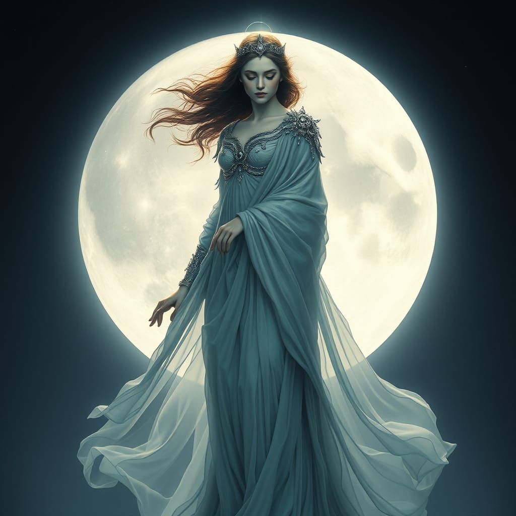 Moon Goddess Fades Into Full Moon, Sharp Focus