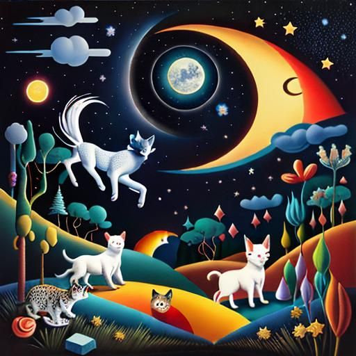 Animals Dance with Silver Stars in Surrealist Style