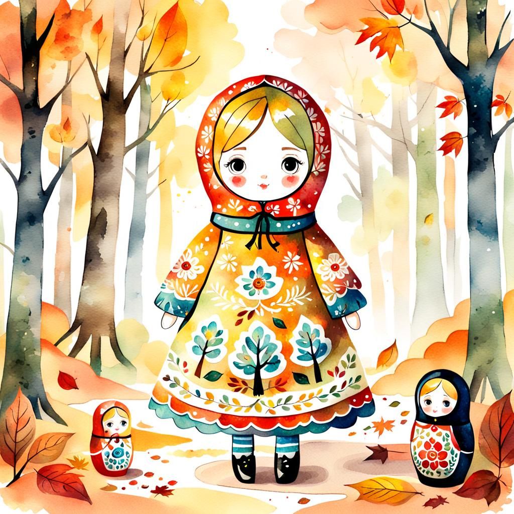 Whimsical Matryoshka Doll in Autumn Forest, Watercolor