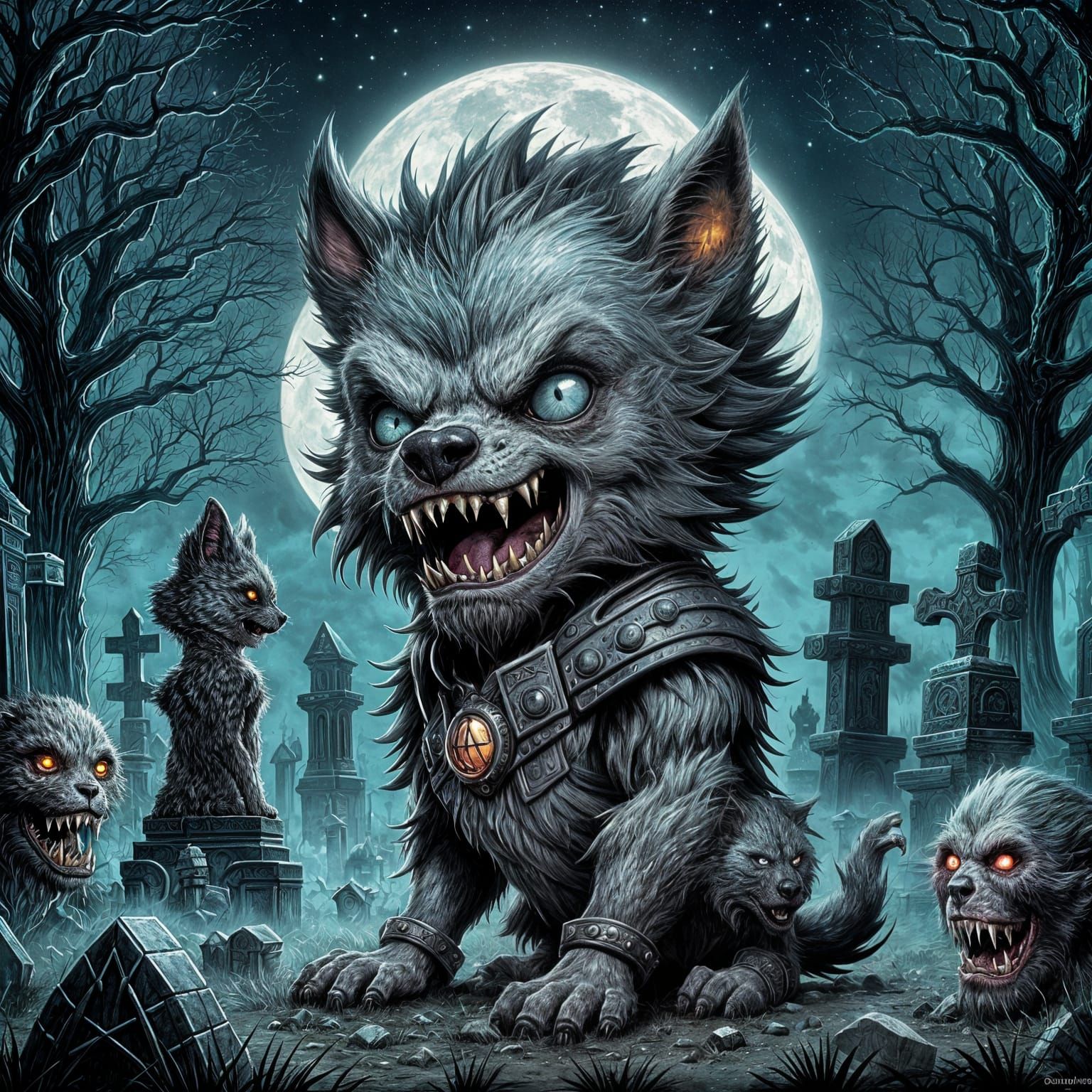 Horrorpunk Chibi Werewolf Mutant in Gothic Graveyard