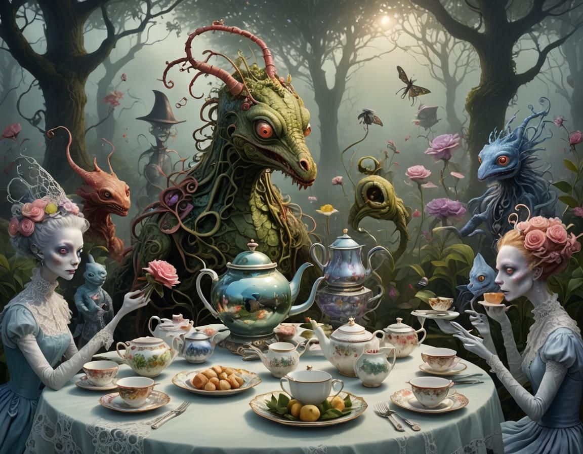 Unsettling Tea Party in Twisted Garden, Hyperrealistic Paint...