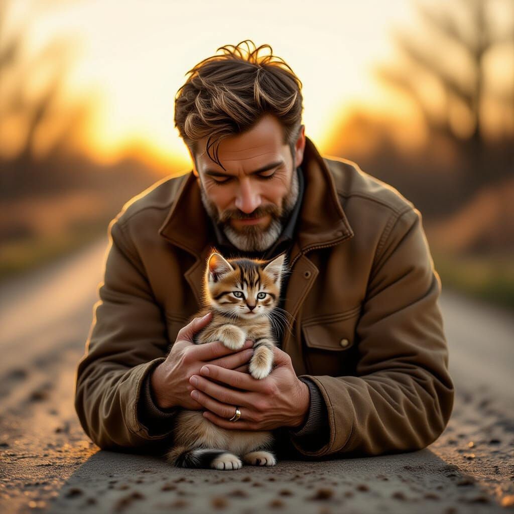 Man Rescues Dirty Kitten on Country Road in Oil Painting Sty...