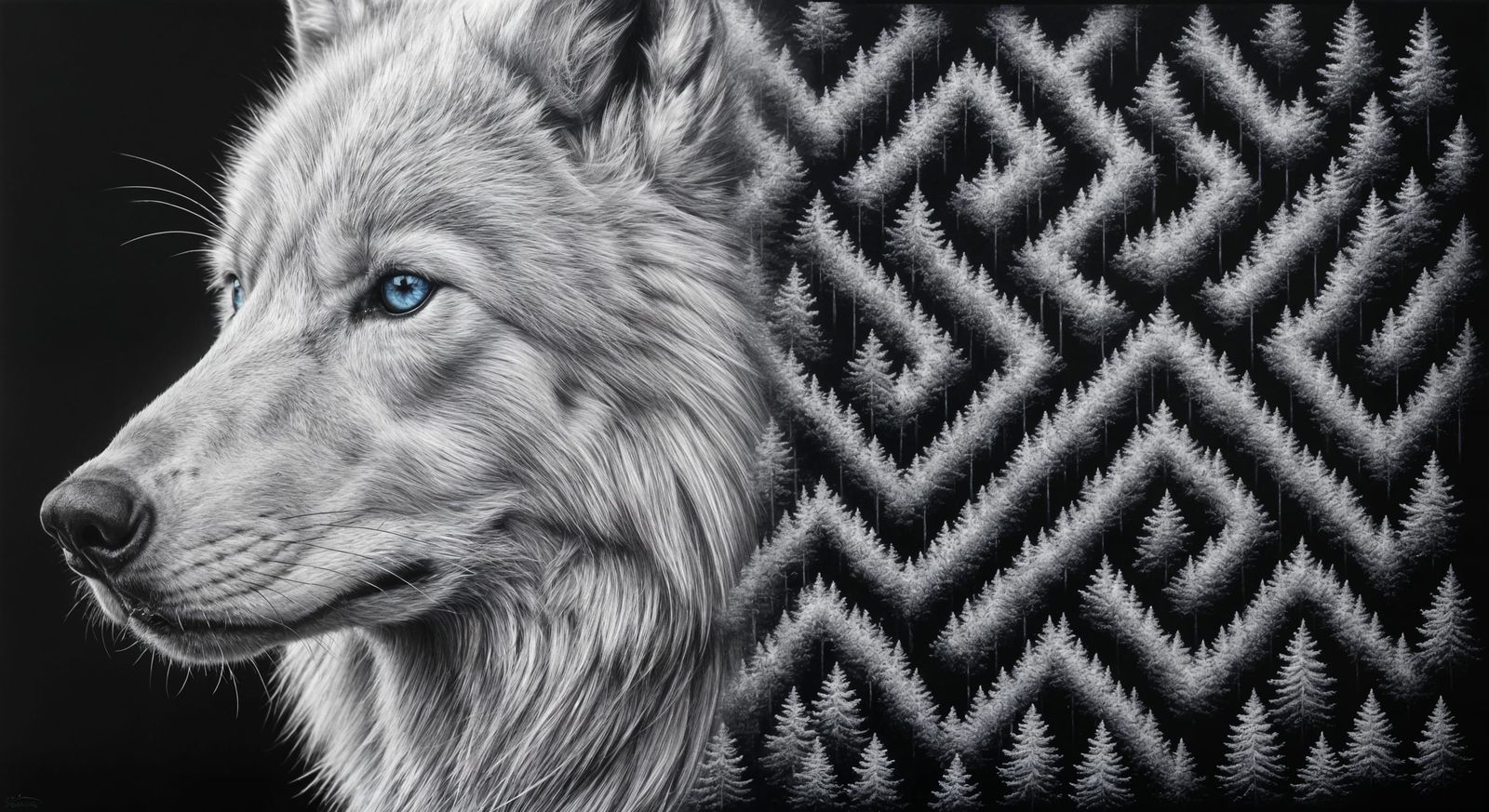 White Wolf with Sapphire Eyes in Pine Forest Maze Charcoal D...