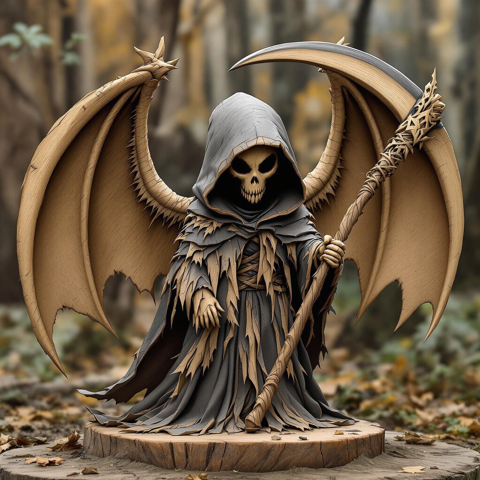 Adorable Wooden Death with Dragon Wings and Scythe