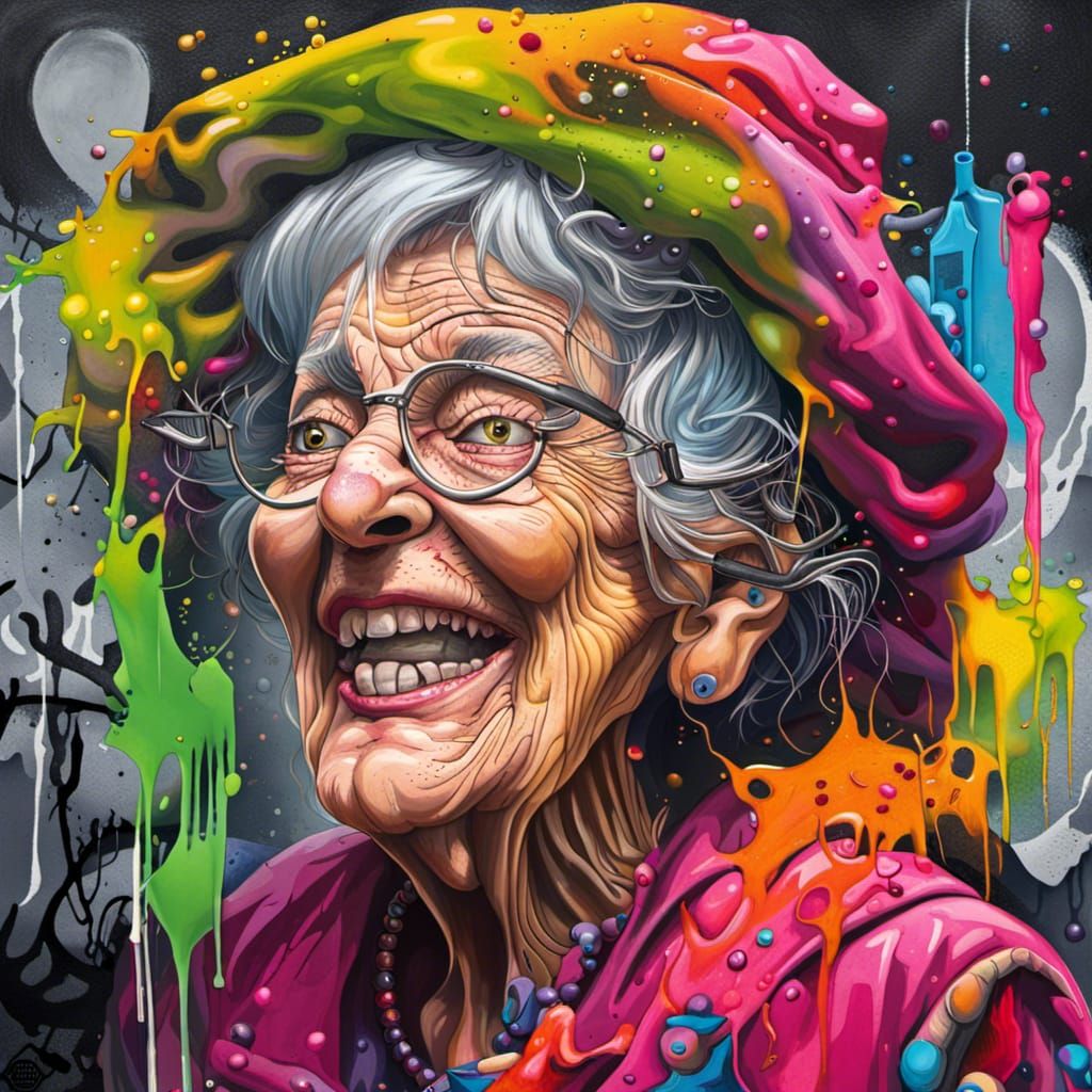 Whimsical Witch Grandma Graffiti Art Portrait