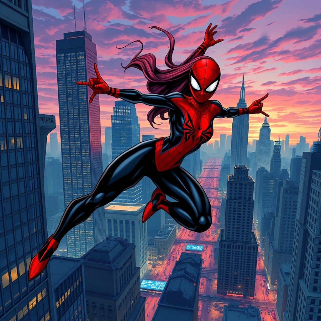 Sleek Noir-Inspired Superhero Swings Through City Skyscraper...