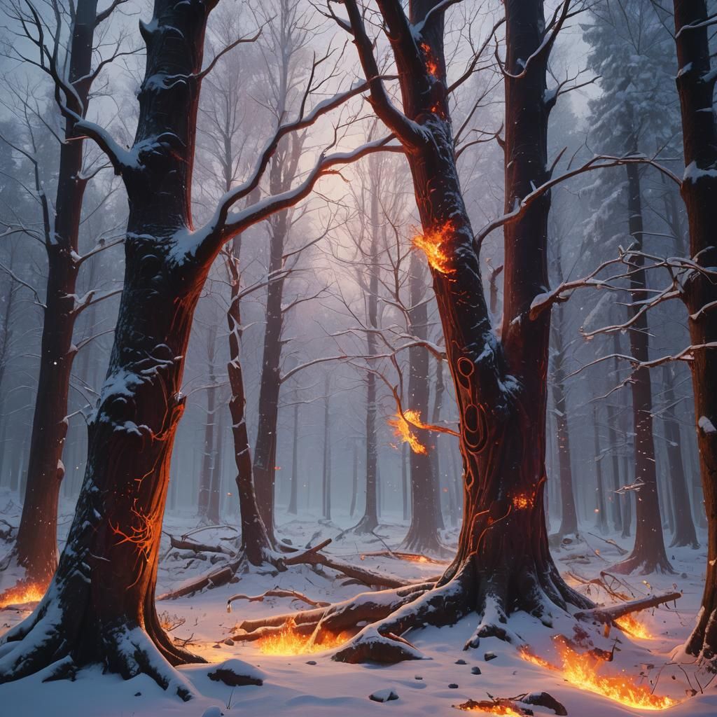 Fire and Ice: Snowy Forest in Matte Painting Style