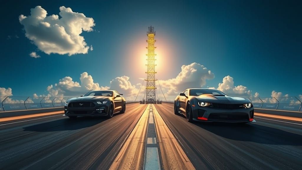 Drag Racing Cars at Starting Line, Aerial View