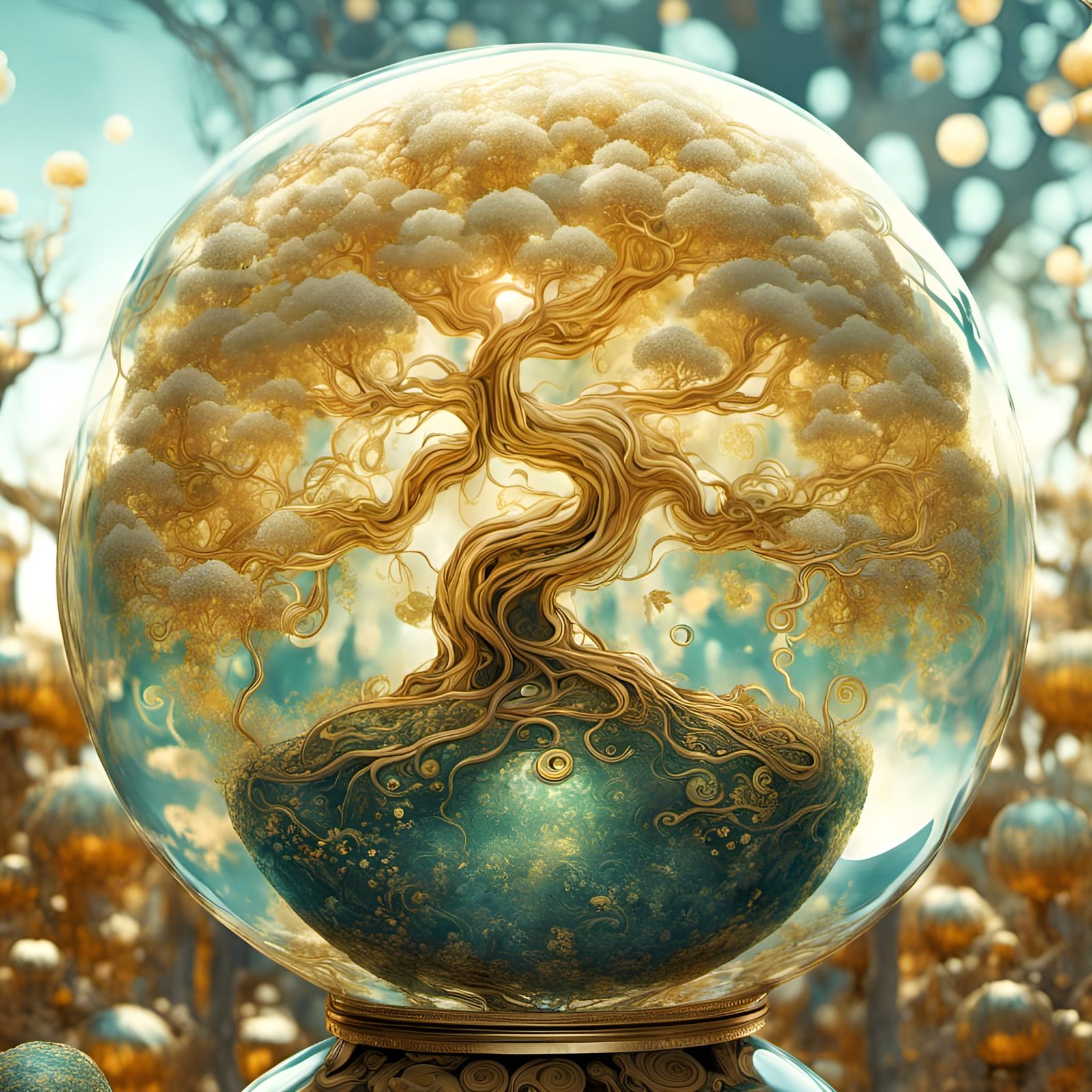 Golden Bonsai Garden in Glass Sphere, Klimt Style