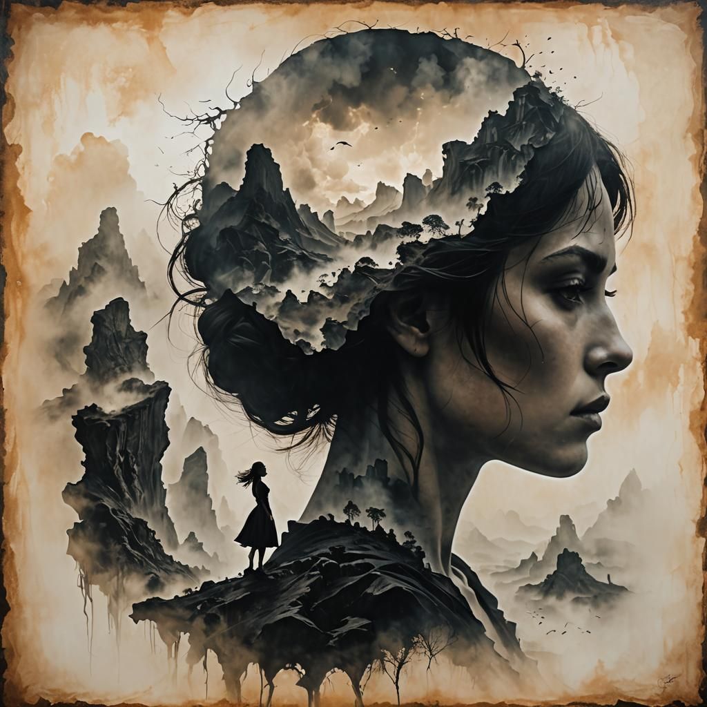 Mist-Shrouded Underworld Panorama in Double Exposure Style