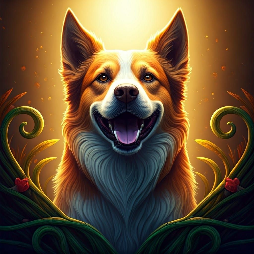 Vibrant Fantasy Dog in Whimsical Floral Wonderland