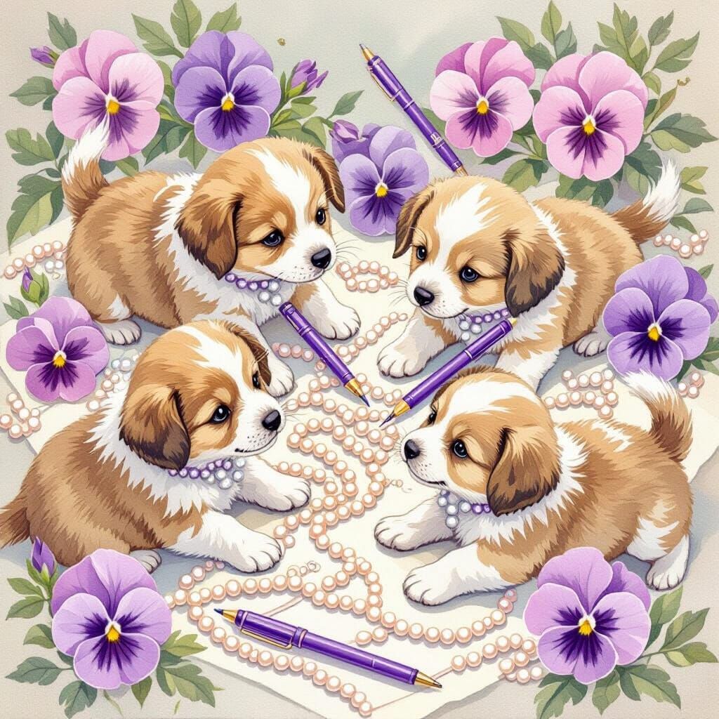 Puppies Playing with Pearls and Pens