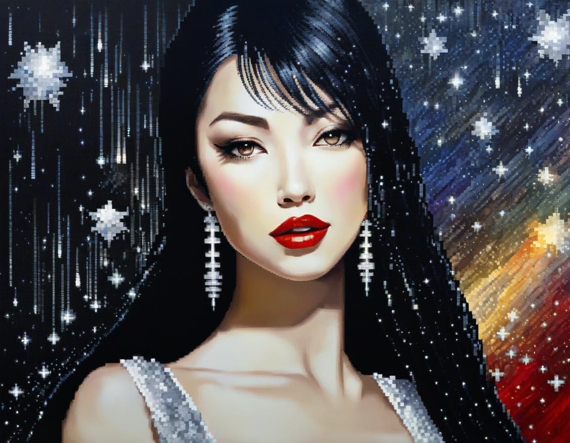 Pixel Art Galaxy Hair in Double Exposure