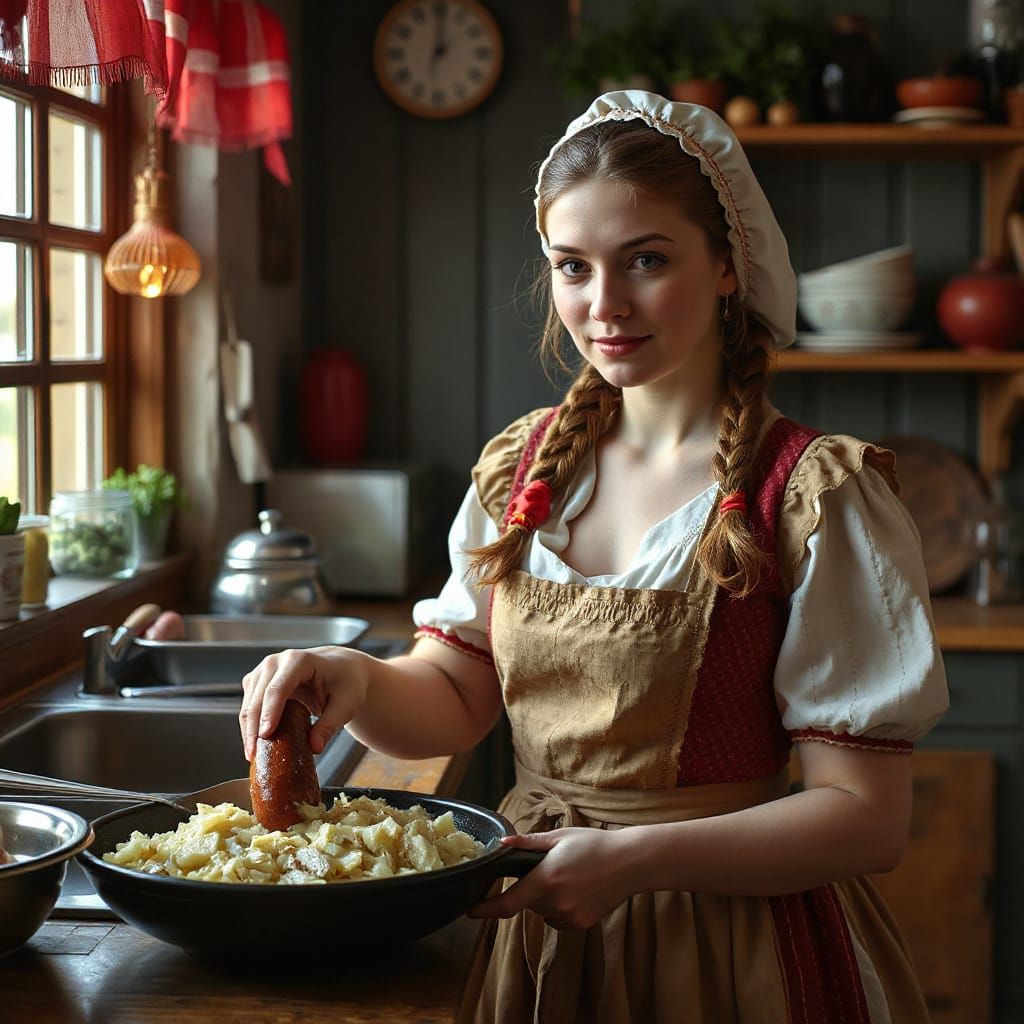 German Tradwife Making Sausage, Hyperrealistic Style