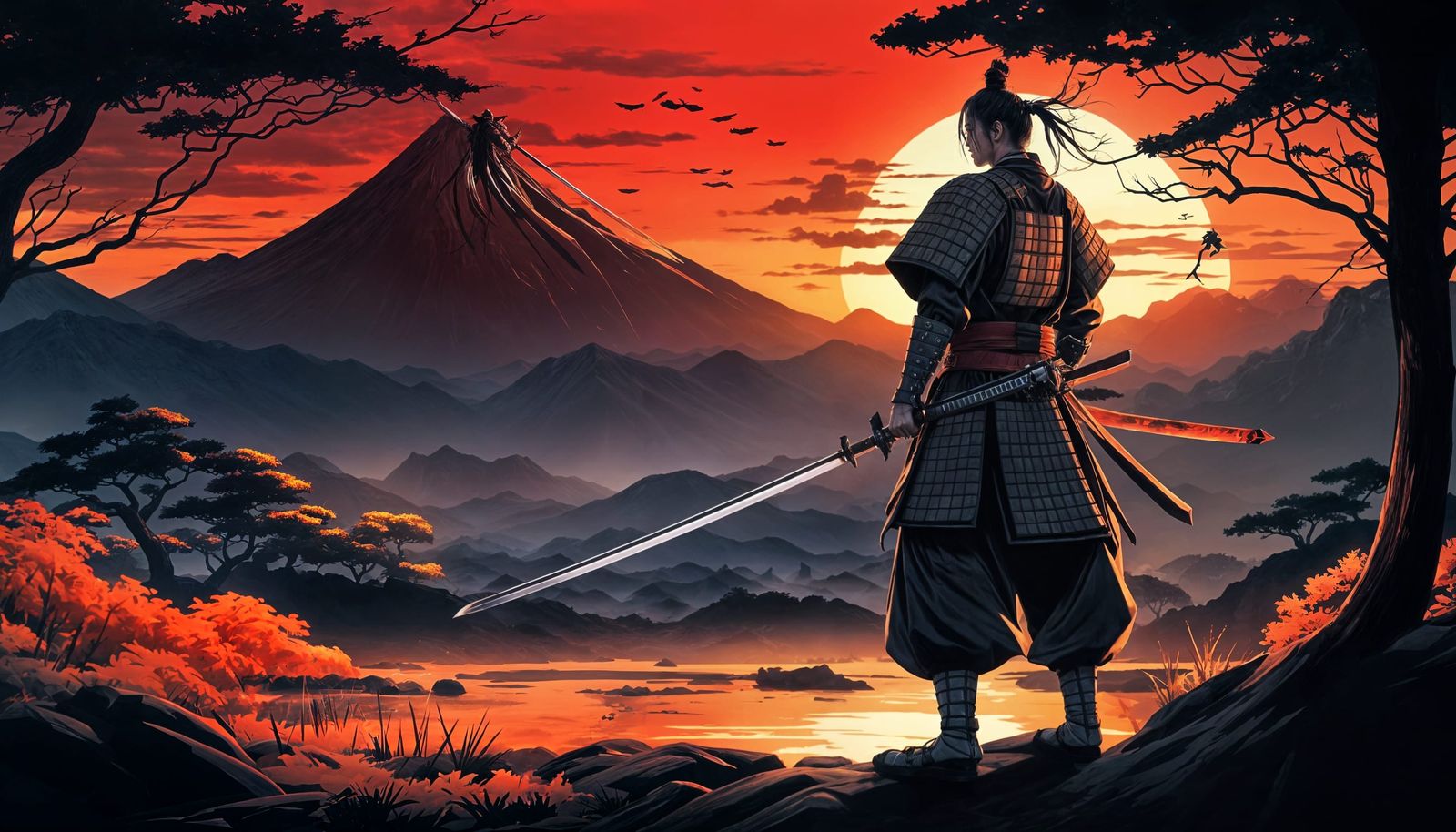 Samurai Warrior Saint in Shadowed Sunset Scenery