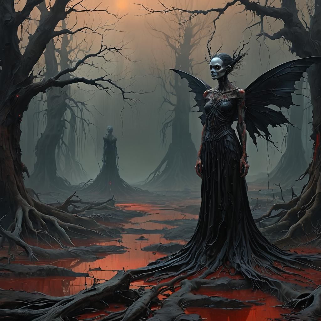 Corrupted Fairy in Rotting Bog: Dark Fantasy Painting