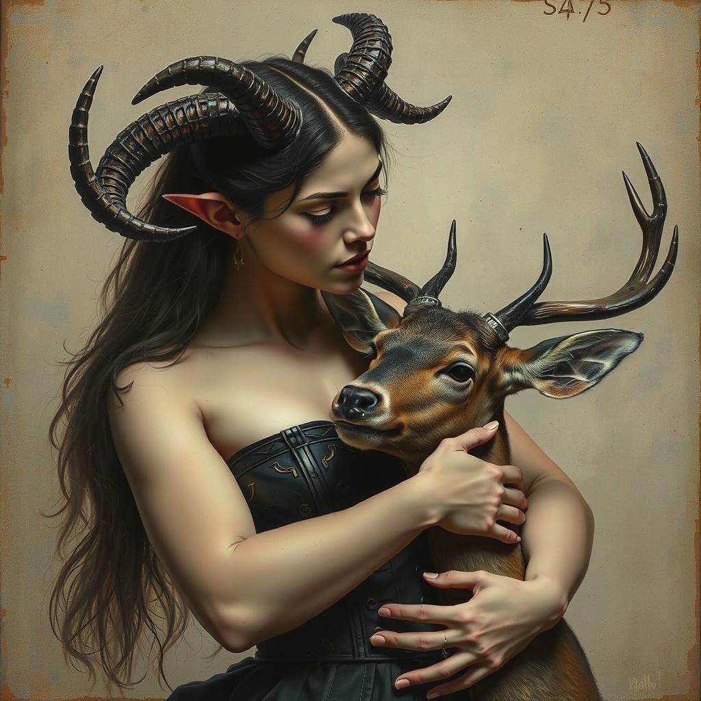 Woman with Horns Hugging Deer, Anatomical Illustration