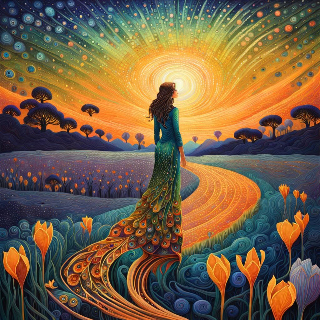 Peacock in Bioluminescent Saffron Field, Digital Art