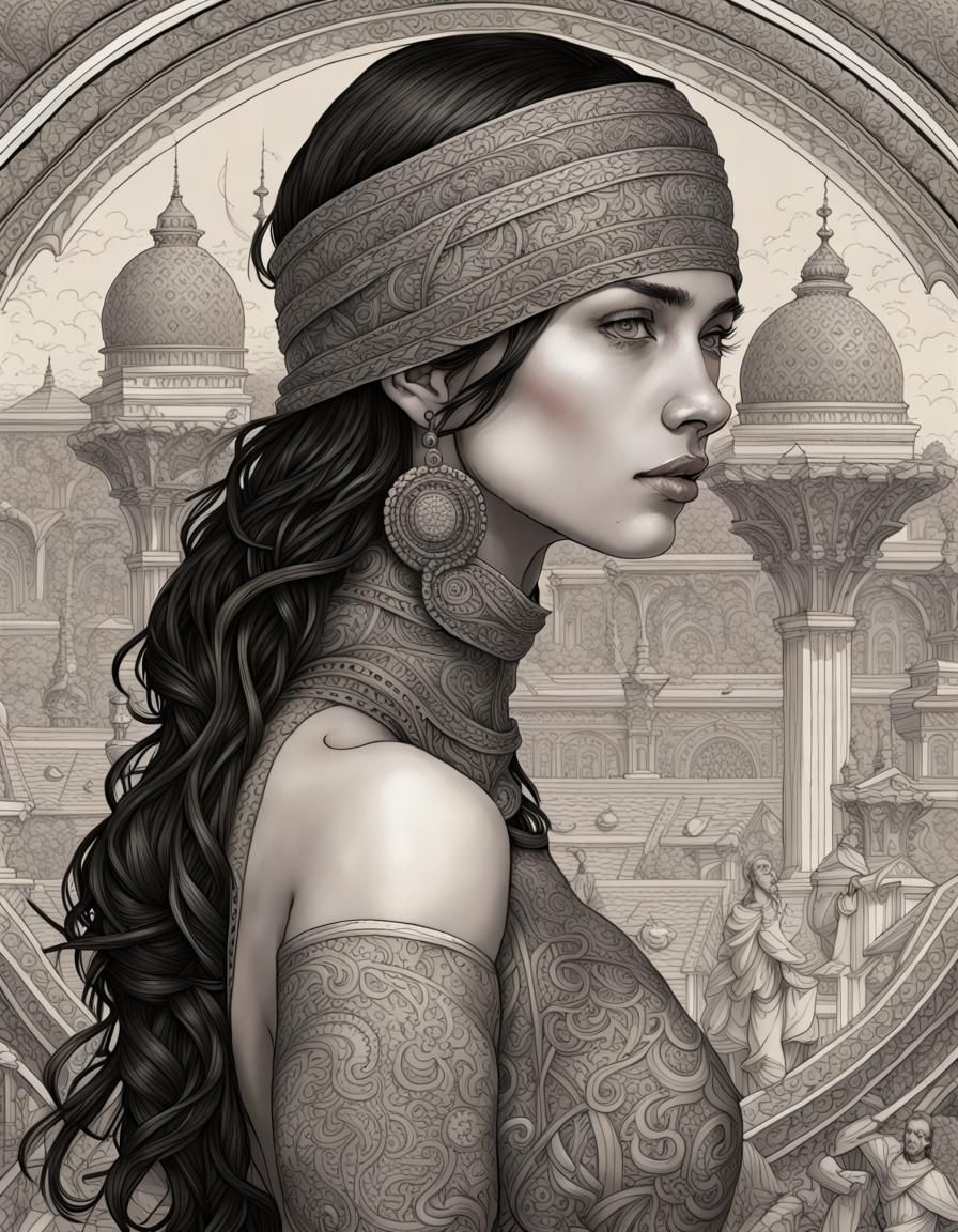 Brunette with World Map Tattoo in Palace