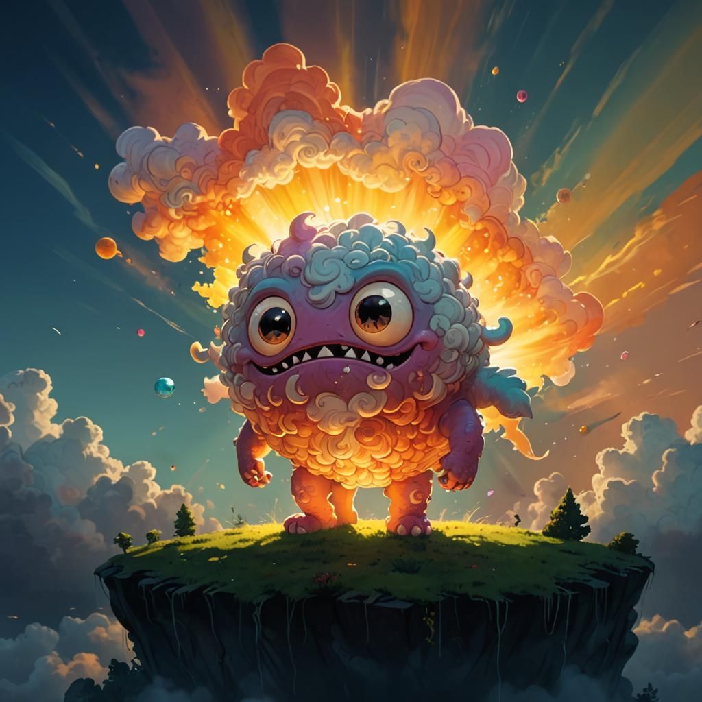 Cartoon Monster's Dreamy Sunset Thoughtbubble