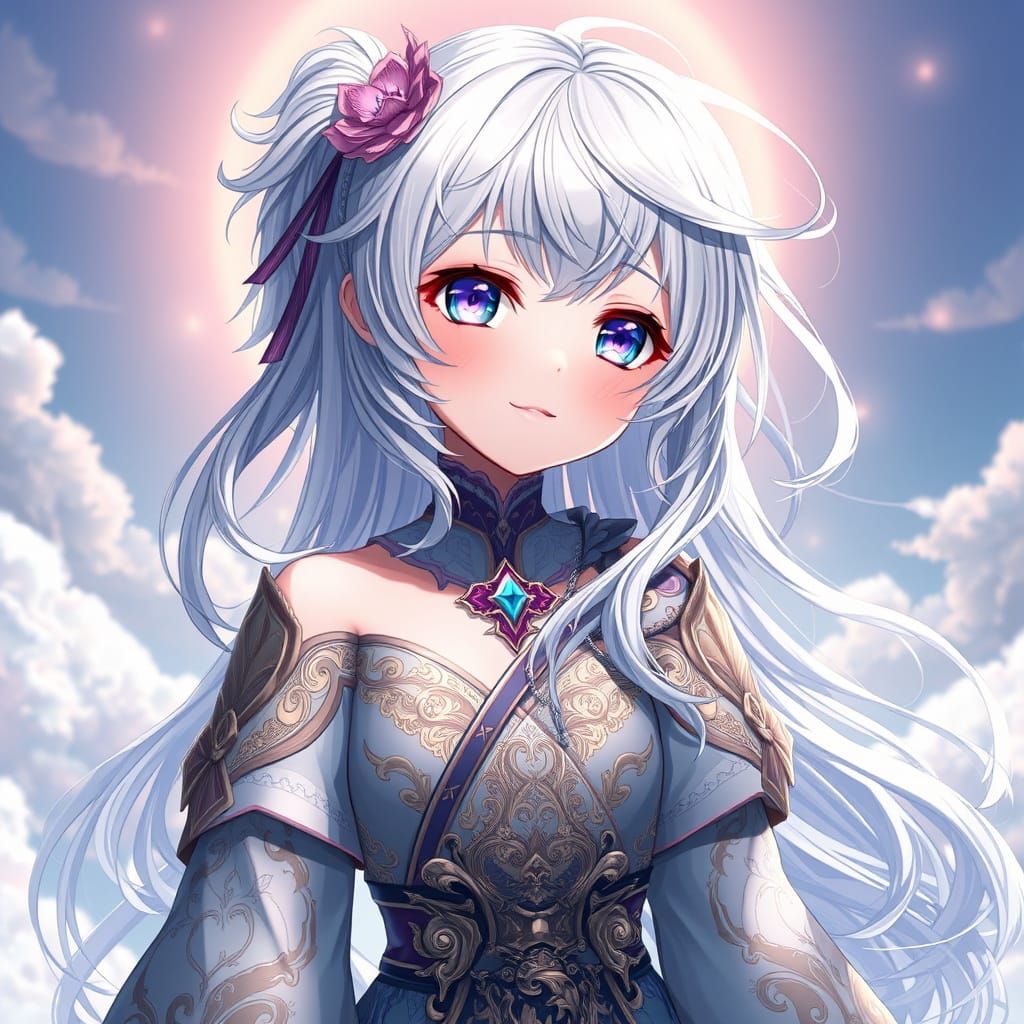 Dreamy Anime Goddess with Intricate Silver Hair and Elaborat...