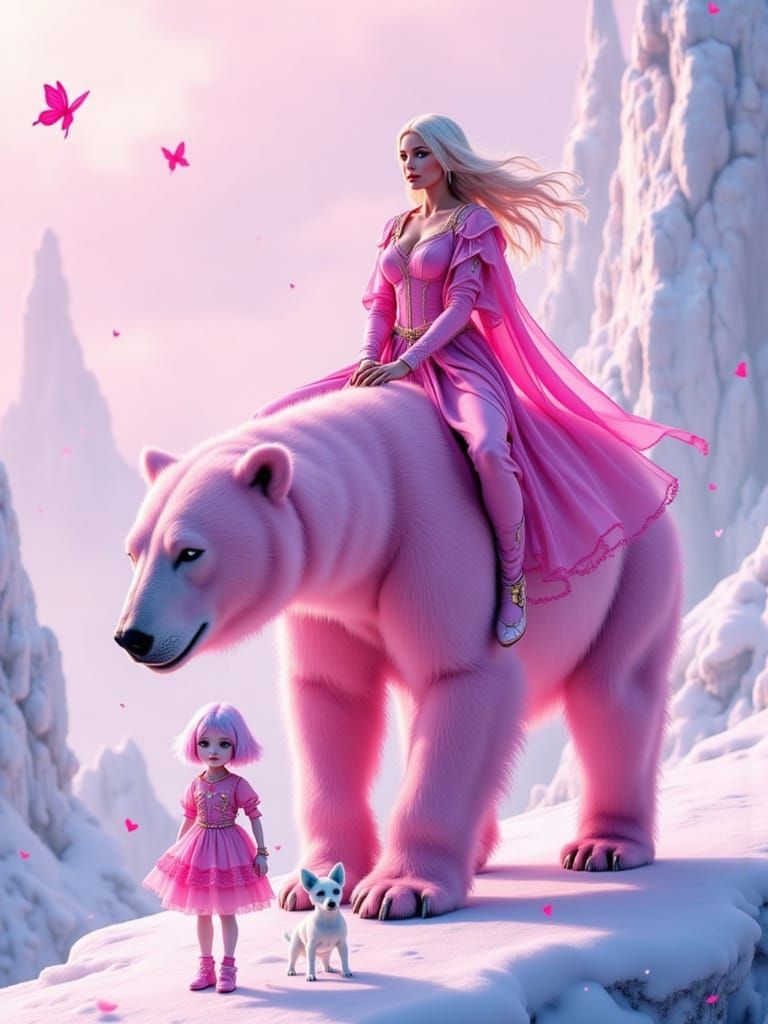 Warrior on Pink Polar Bear in Ethereal Style