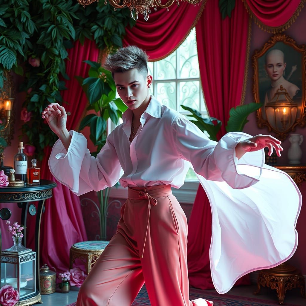 Androgynous Dancer in Vibrant, Hyper-Feminine Space