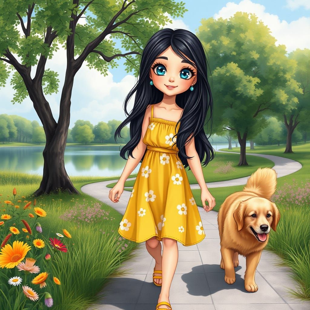 Serene Park Scene with Teenage Girl and Golden Retriever