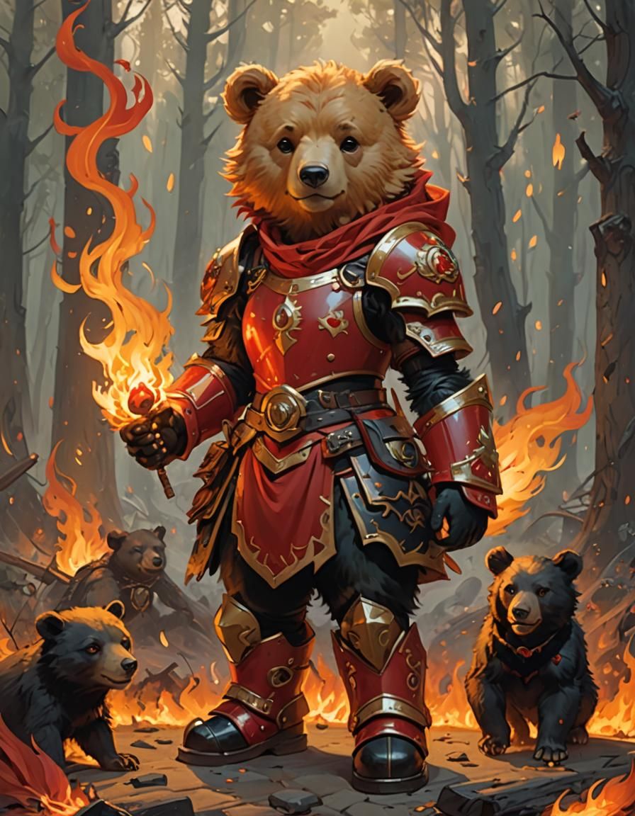 Golden Armored Bear Surrounded by Flames, Oil Painting