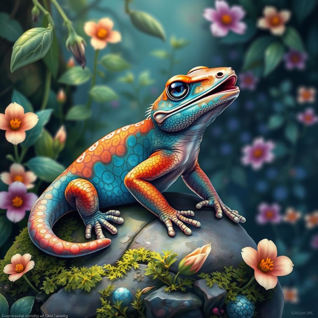 Iridescent Salamander Singing in Watercolor Style