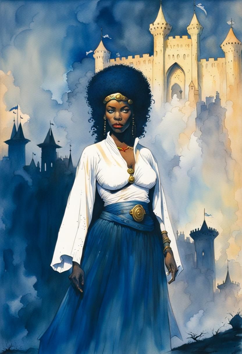 African Princess on Parchment in Horror Watercolor