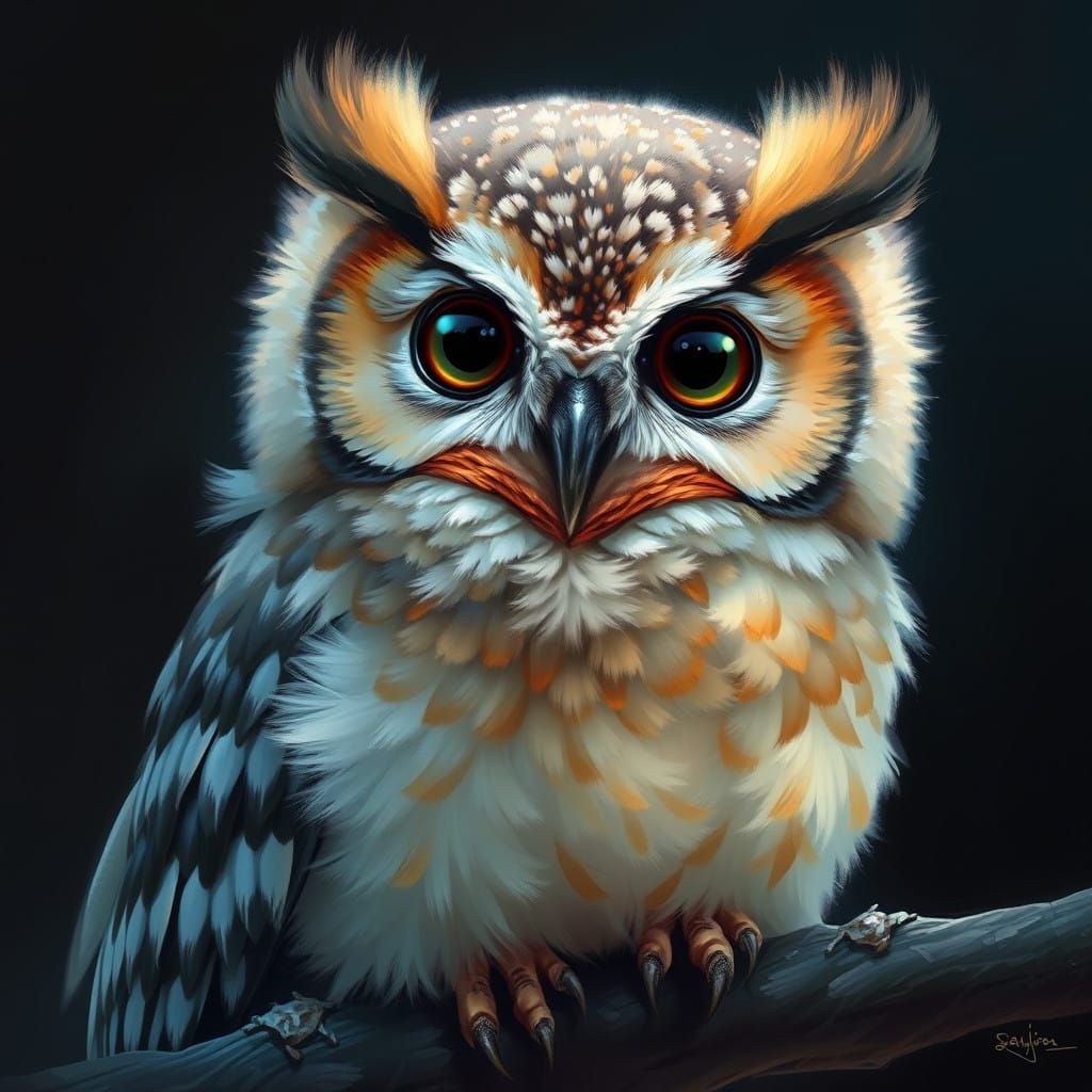Whimsical Baby Owl with Vibrant Feathers in Impasto Style