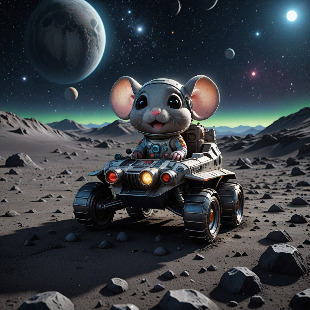 Hyper Realistic Chibi Super Mouse on the Moon in a Vibrant N...