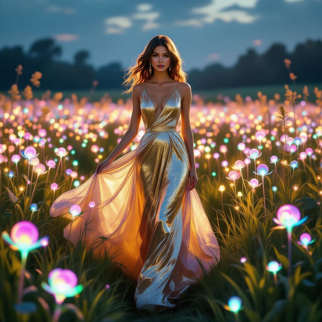 Woman in Gold Gown Amidst Alien Flora