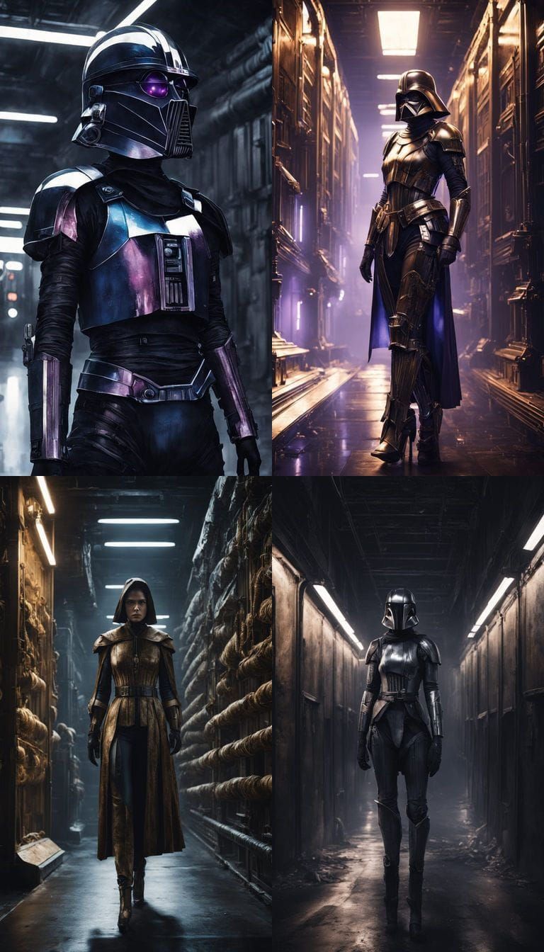 Concept art. Woman in Darth Vader costume stands confidently in a dimly lit, industrial hallway. Inspired by Star Wars c...
