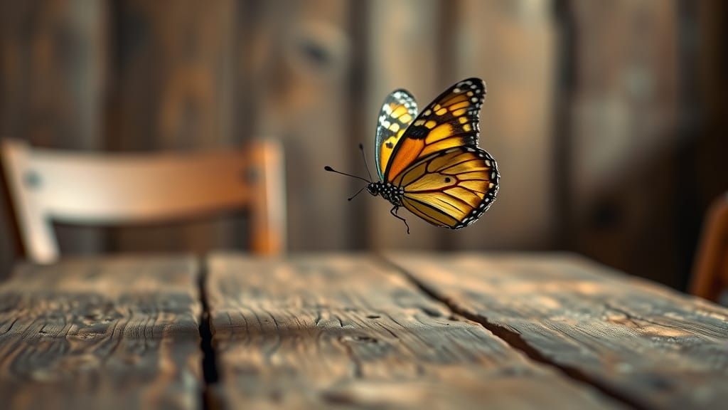 Butterfly Levitating Above Rustic Wooden Table