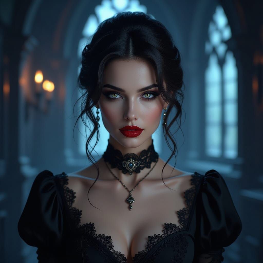 Mysterious Woman in Gothic Room Hyperrealistic Portrait