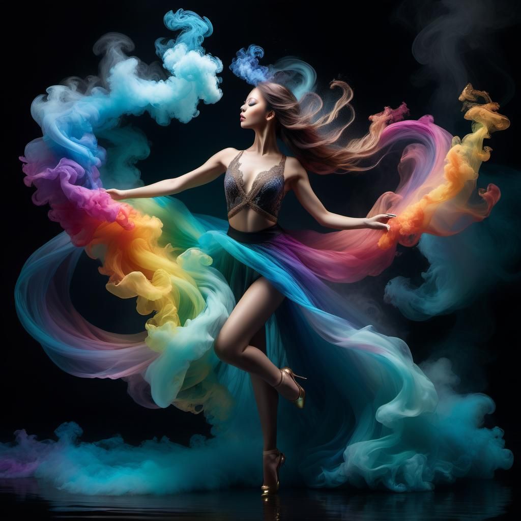 Surreal Portrait of a Dancer in Rainbow Smoke