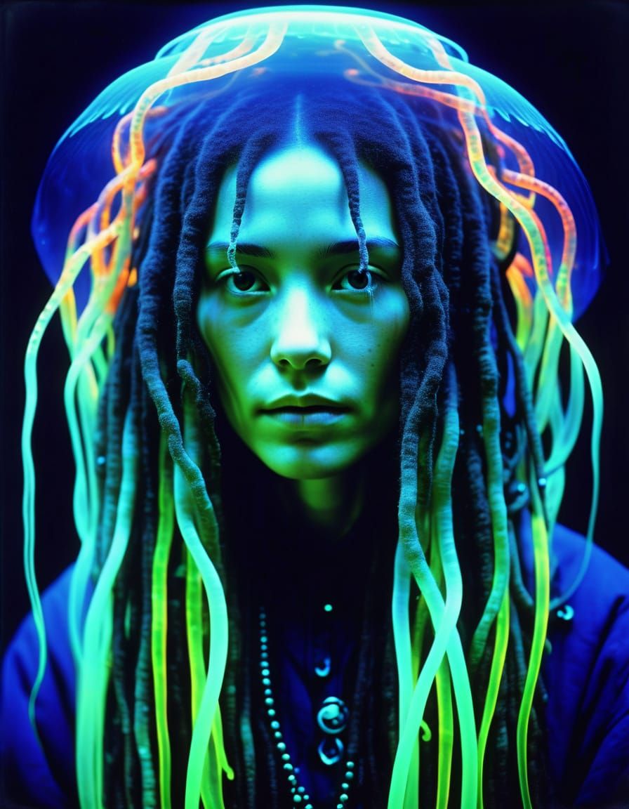Glowing, Bioluminescent, Rasta Woman with Geometric, Abstrac...